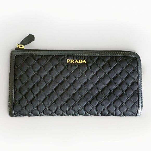 Auth PRADA Logo Zip-Around Black Nylon Leather Long Wallet W/ Box - Picture 1 of 8